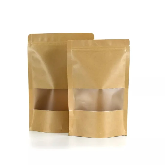 Коричневый рециркуляционный пакет с принтом на молнии для упаковки кофе Дешевый пакет Doypack из крафт-бумаги на молнии для пищевых продуктов с окном